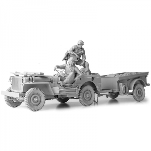 1/16 Bausatz Willys Jeep mit T-3 Anhänger, Fahrer und Schütze 1/16 Bausatz Willys Jeep mit T-3 Anhänger, Fahrer und Schütze